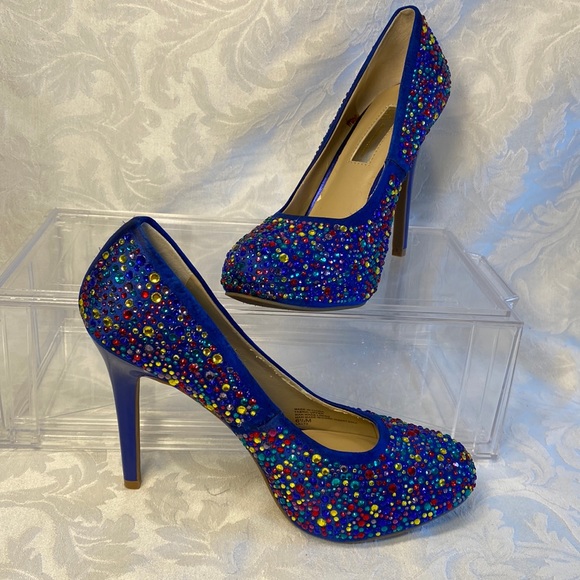 INC International Concepts Shoes - INC international concepts blue satin stiletto heels colorful rhinestones 6